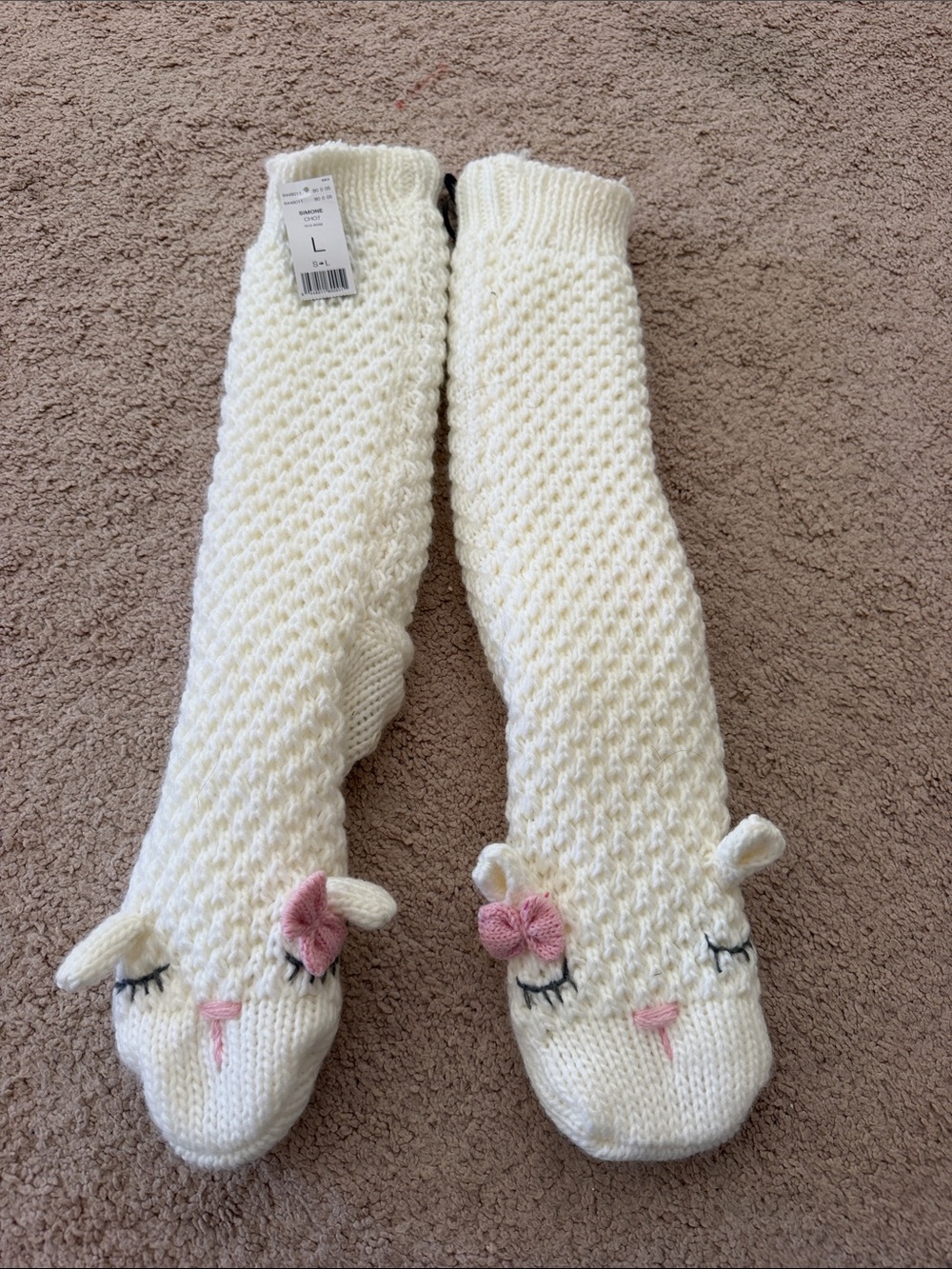 Brand new: Etam Knit Cream Knee-High Socks with Pink Bow Accent